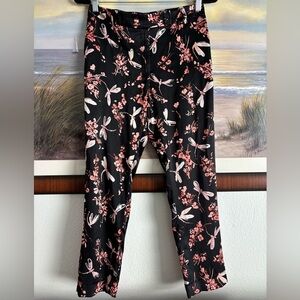 True Royal Silk Pants with Dragonfly Floral Print Tapered Leg - Black